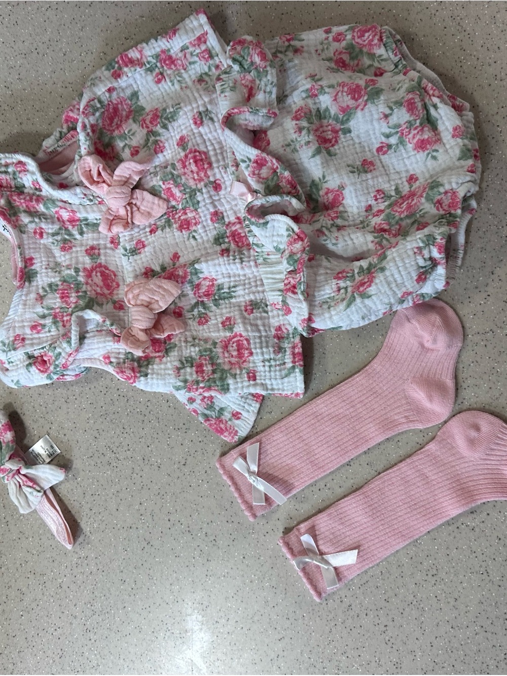 Floral Pink Baby Romper with Matching Pink headband and Socks